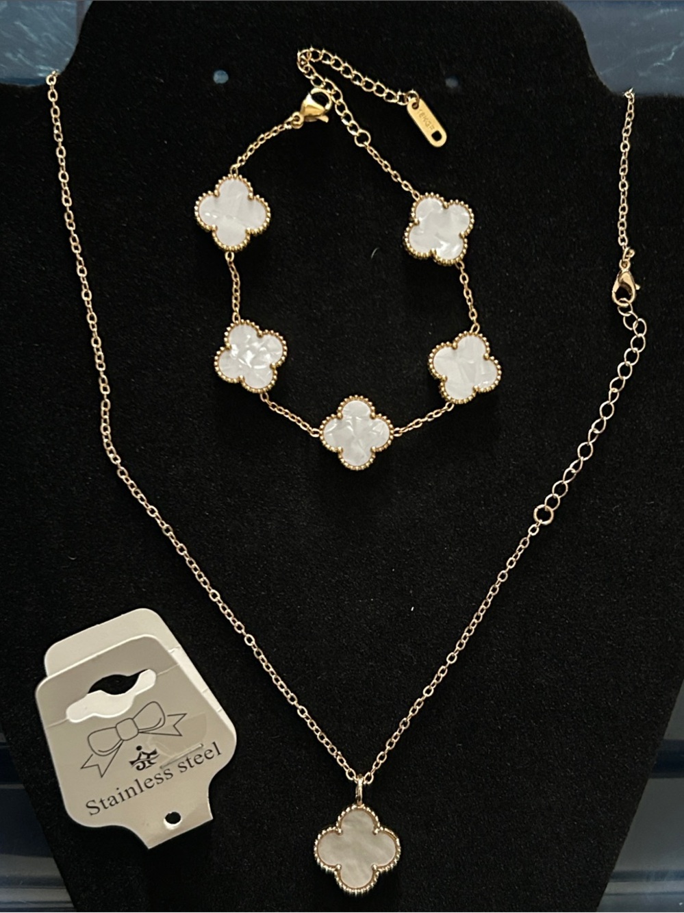 Gold-Tone White Clover Necklace & Bracelet Set - Stainless Steel